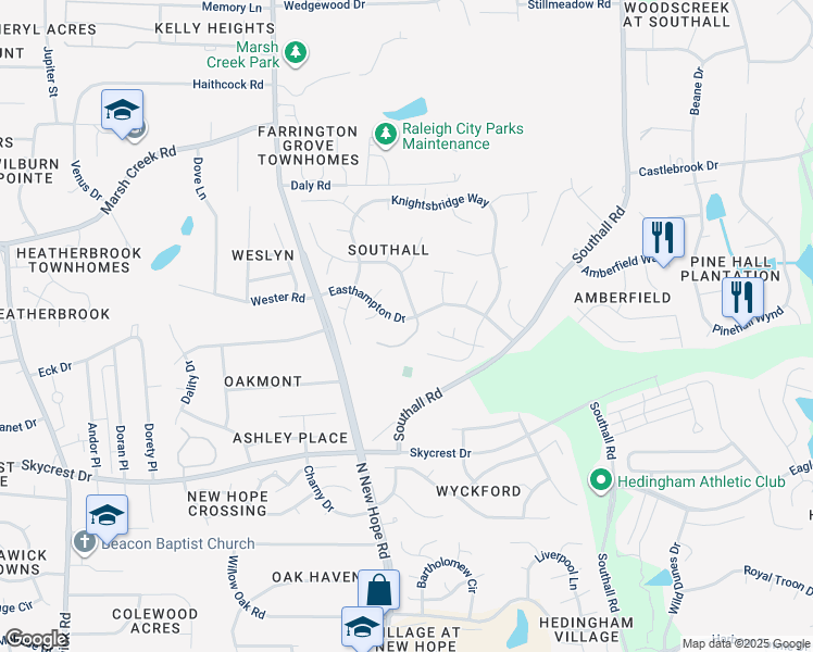 map of restaurants, bars, coffee shops, grocery stores, and more near 4424 Easthampton Drive in Raleigh