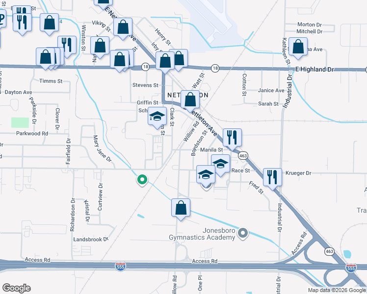 map of restaurants, bars, coffee shops, grocery stores, and more near 2310 Clark Street in Jonesboro