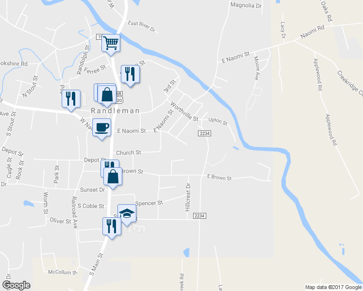 map of restaurants, bars, coffee shops, grocery stores, and more near 204 Barker Street in Randleman
