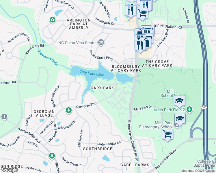 map of restaurants, bars, coffee shops, grocery stores, and more near 201 Walford Way in Cary