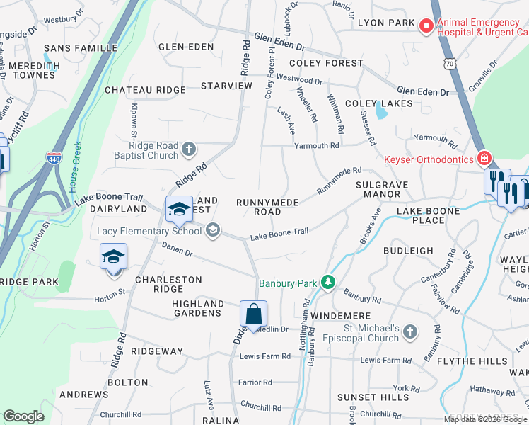 map of restaurants, bars, coffee shops, grocery stores, and more near 903 Runnymede Rd in Raleigh