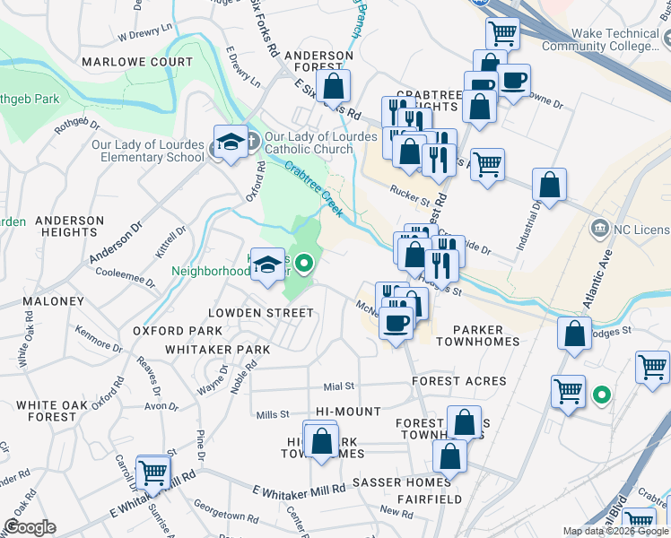 map of restaurants, bars, coffee shops, grocery stores, and more near 705 Hawes Court in Raleigh