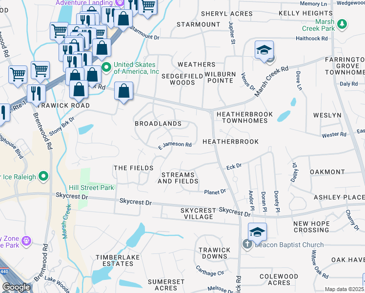 map of restaurants, bars, coffee shops, grocery stores, and more near 3609 East Jameson Road in Raleigh