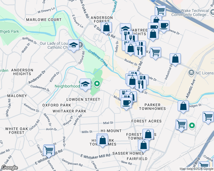 map of restaurants, bars, coffee shops, grocery stores, and more near 2604 Noble Road in Raleigh