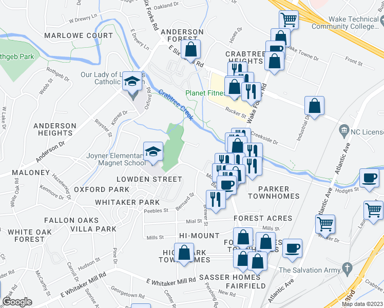 map of restaurants, bars, coffee shops, grocery stores, and more near 2604 Noble Road in Raleigh