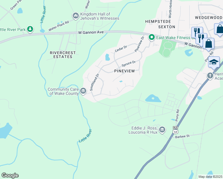 map of restaurants, bars, coffee shops, grocery stores, and more near 1230 Banjo Drive in Zebulon