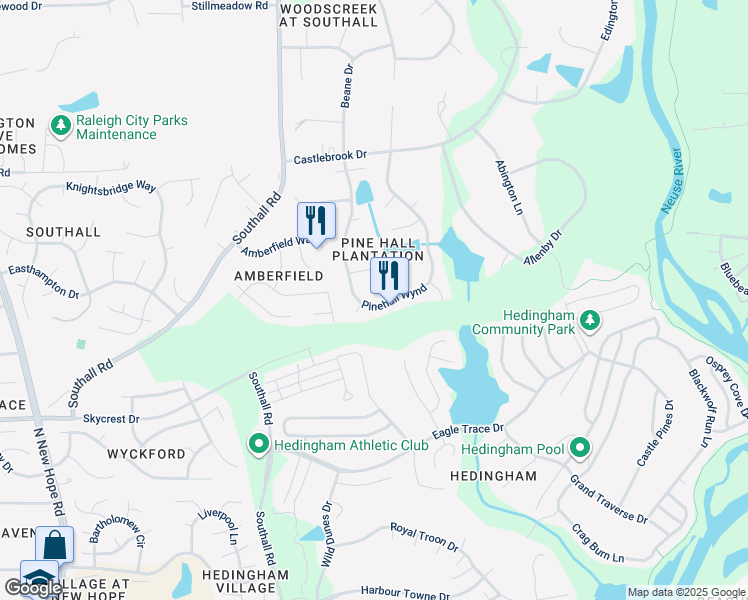 map of restaurants, bars, coffee shops, grocery stores, and more near 5205 Pinehall Wynd in Raleigh