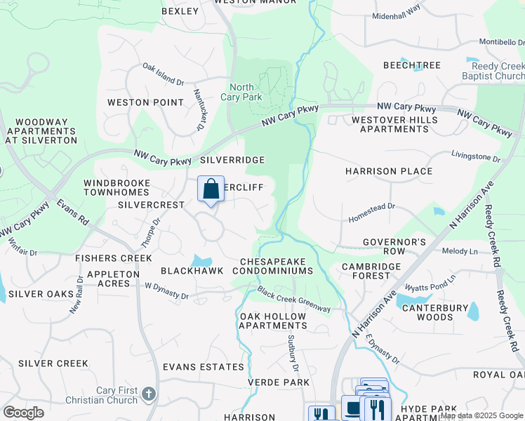 map of restaurants, bars, coffee shops, grocery stores, and more near 301 Silvercliff Trail in Cary