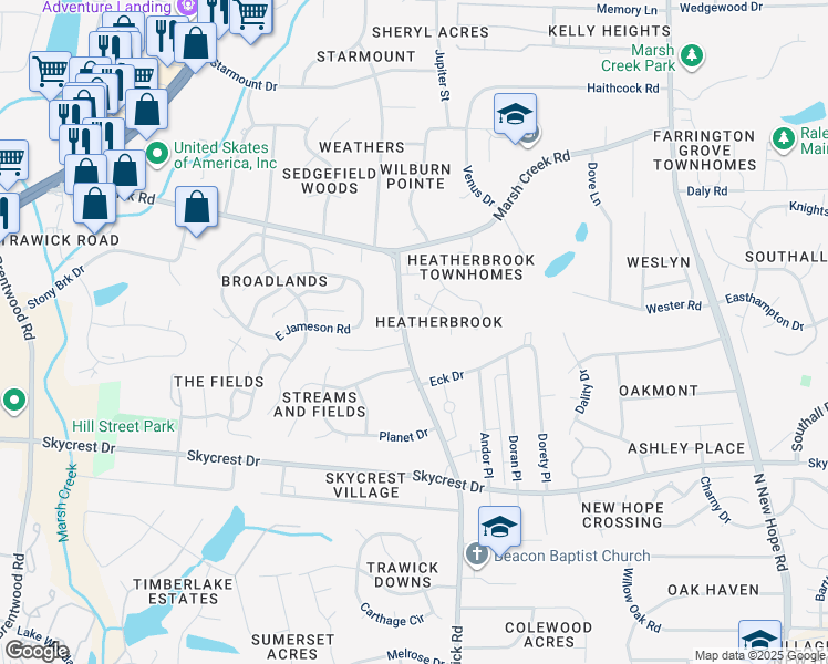 map of restaurants, bars, coffee shops, grocery stores, and more near 2709 Heathersmith Court in Raleigh
