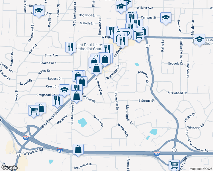 map of restaurants, bars, coffee shops, grocery stores, and more near 2712 Southwest Square in Jonesboro