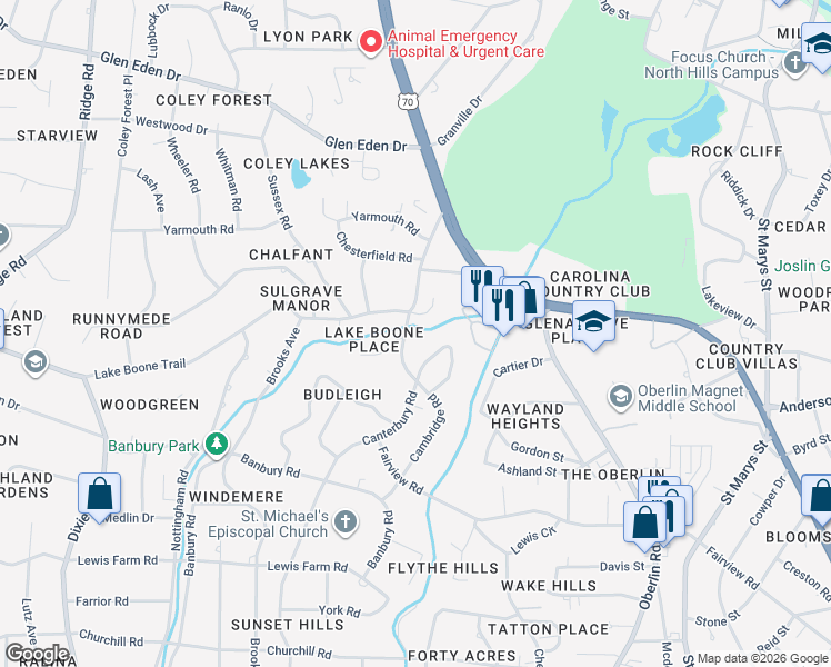 map of restaurants, bars, coffee shops, grocery stores, and more near 3022 Cambridge Road in Raleigh