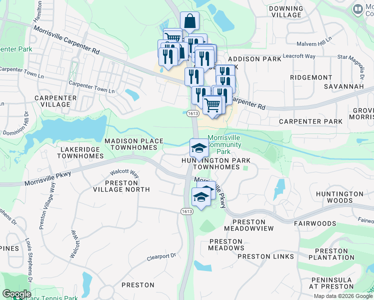 map of restaurants, bars, coffee shops, grocery stores, and more near 1010 Kingston Grove Drive in Cary