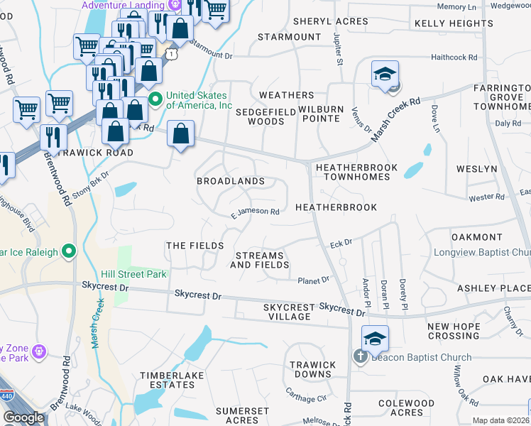 map of restaurants, bars, coffee shops, grocery stores, and more near 3609 East Jameson Road in Raleigh