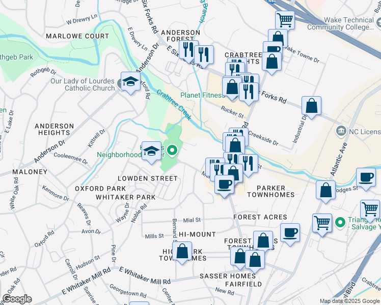 map of restaurants, bars, coffee shops, grocery stores, and more near 705 Hawes Court in Raleigh