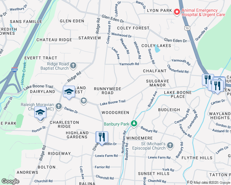 map of restaurants, bars, coffee shops, grocery stores, and more near 833 Runnymede Road in Raleigh
