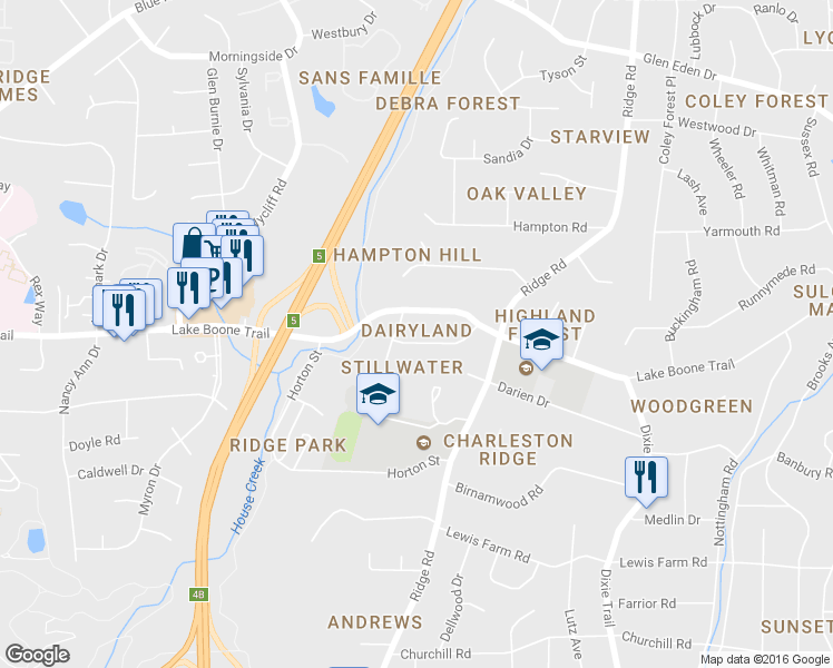map of restaurants, bars, coffee shops, grocery stores, and more near 3332 Thomas Road in Raleigh