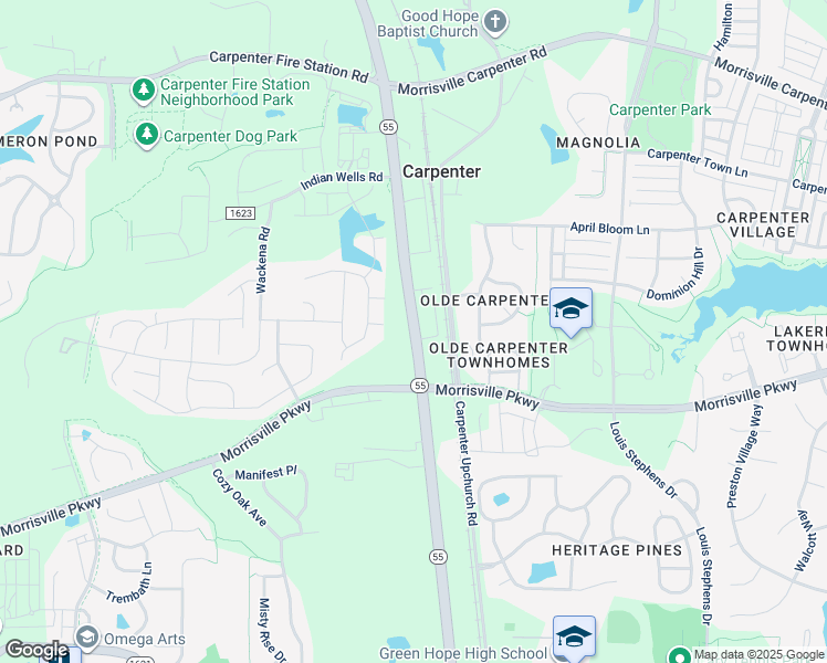 map of restaurants, bars, coffee shops, grocery stores, and more near North Carolina 55 in Cary