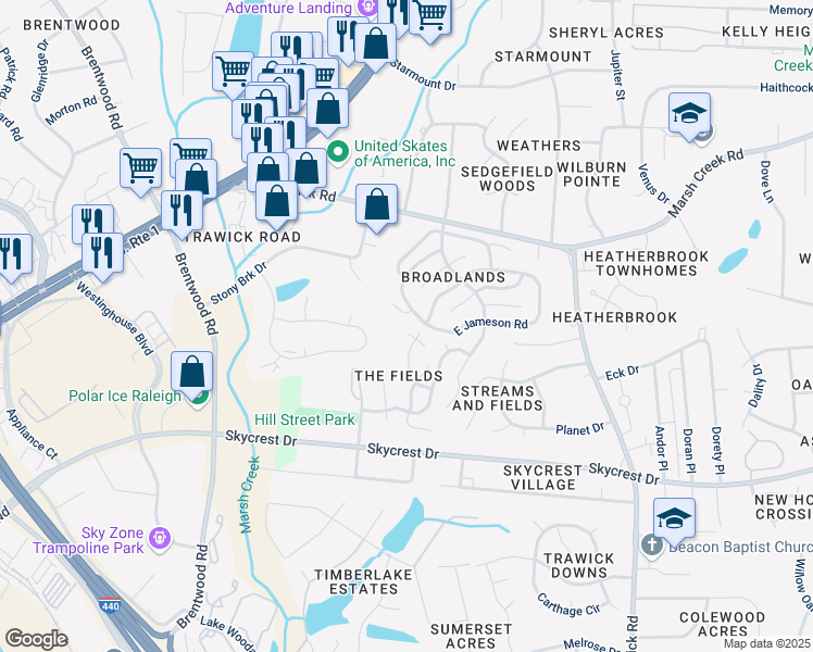 map of restaurants, bars, coffee shops, grocery stores, and more near 2808 Clonnel Court in Raleigh