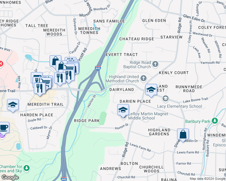 map of restaurants, bars, coffee shops, grocery stores, and more near 1817 Stillwater Drive in Raleigh
