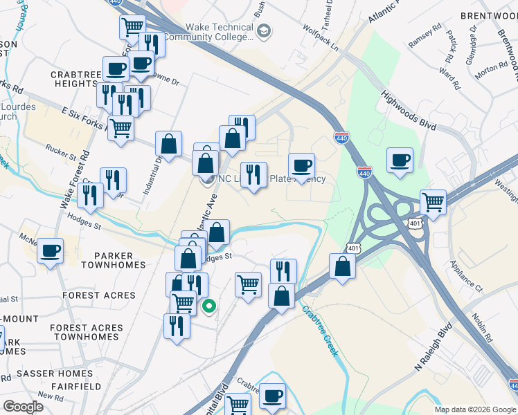 map of restaurants, bars, coffee shops, grocery stores, and more near 900 East Six Forks Road in Raleigh