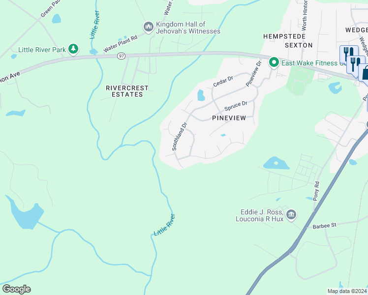 map of restaurants, bars, coffee shops, grocery stores, and more near 1423 Mandolin Place in Zebulon