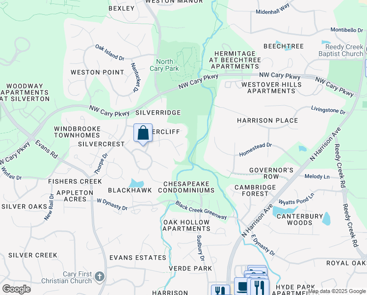 map of restaurants, bars, coffee shops, grocery stores, and more near 102 Eagle Swoop Court in Cary