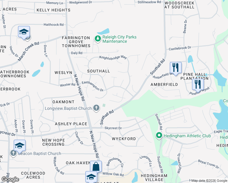 map of restaurants, bars, coffee shops, grocery stores, and more near 4609 Atterbury Court in Raleigh