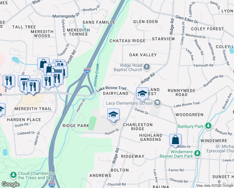 map of restaurants, bars, coffee shops, grocery stores, and more near 3324 Thomas Road in Raleigh