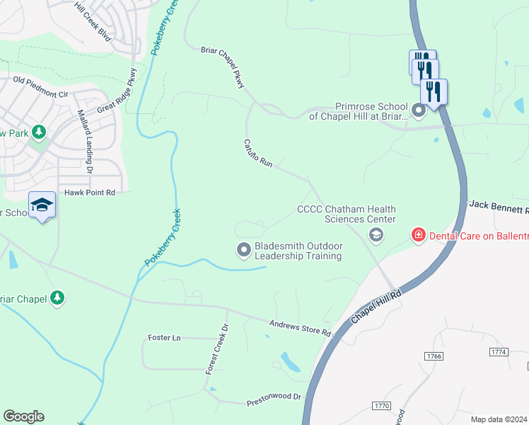 map of restaurants, bars, coffee shops, grocery stores, and more near 139 Penny Lane in Pittsboro