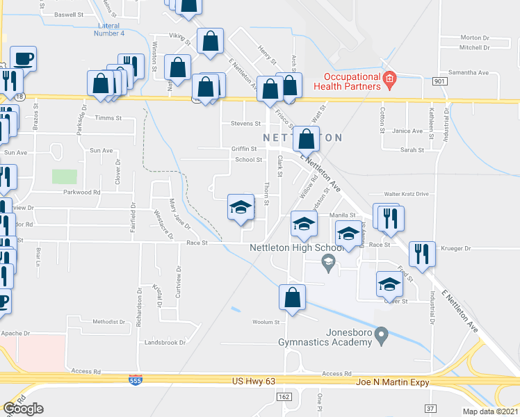 map of restaurants, bars, coffee shops, grocery stores, and more near 2309 Thorn Street in Jonesboro
