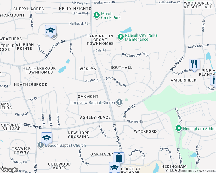 map of restaurants, bars, coffee shops, grocery stores, and more near 4225 Knightsbridge Way in Raleigh