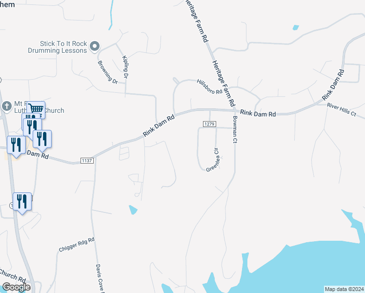 map of restaurants, bars, coffee shops, grocery stores, and more near 1094 Rink Dam Road in Township of Taylorsville