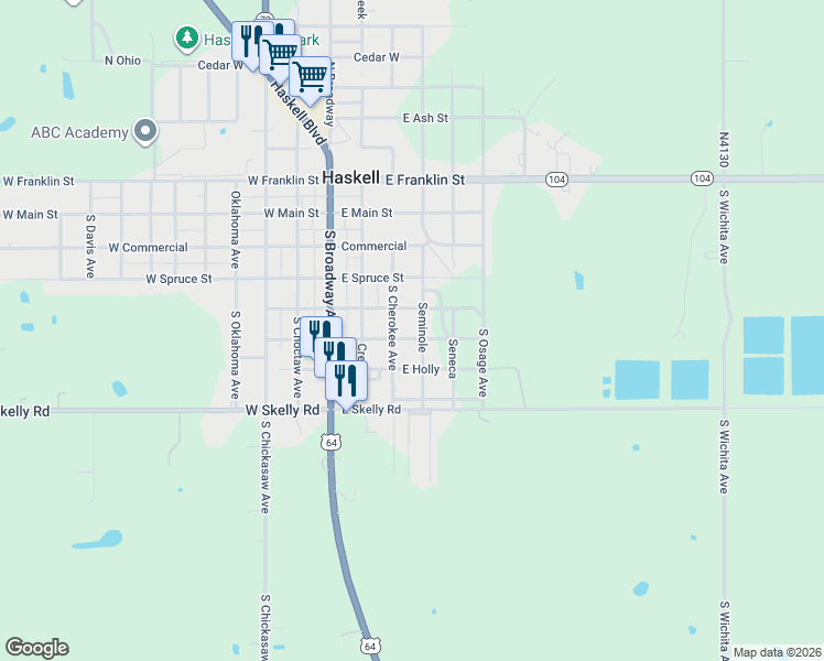 map of restaurants, bars, coffee shops, grocery stores, and more near 501 Seminole in Haskell