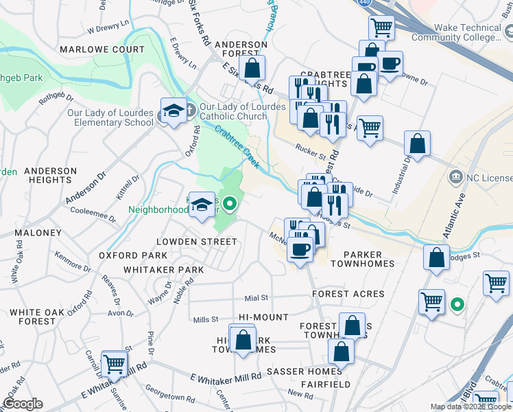 map of restaurants, bars, coffee shops, grocery stores, and more near 705 Hawes Court in Raleigh