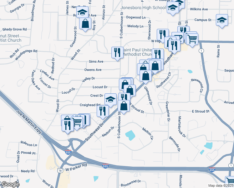 map of restaurants, bars, coffee shops, grocery stores, and more near 2506 South Culberhouse Street in Jonesboro