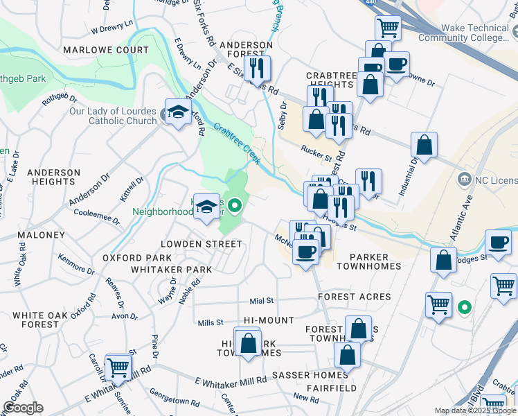 map of restaurants, bars, coffee shops, grocery stores, and more near 705 Hawes Court in Raleigh