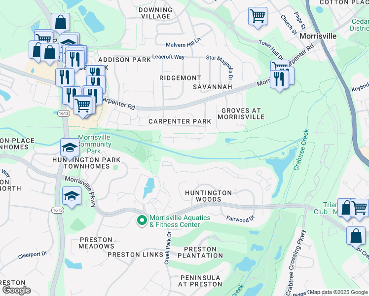 map of restaurants, bars, coffee shops, grocery stores, and more near 2512 Kudrow Lane in Morrisville