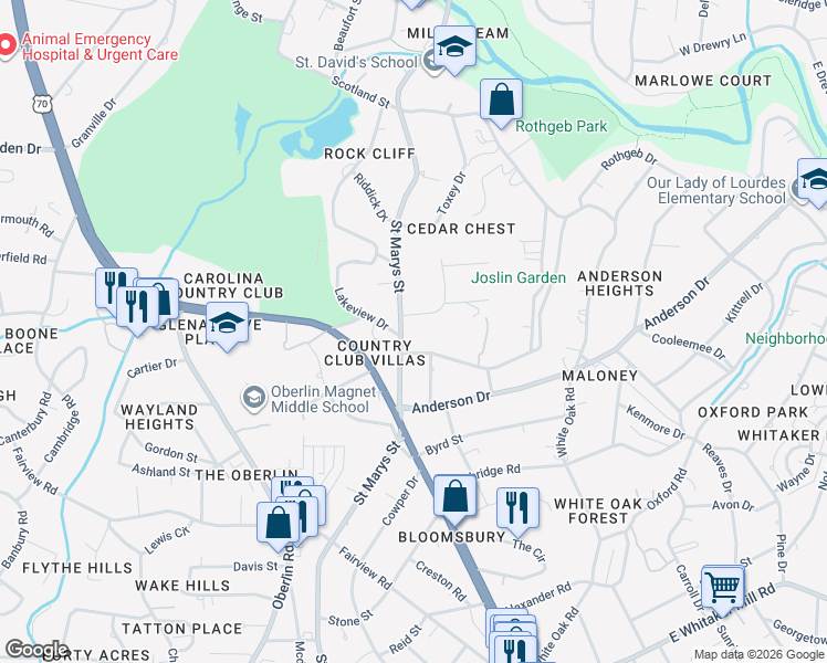 map of restaurants, bars, coffee shops, grocery stores, and more near 2608 Saint Marys Street in Raleigh