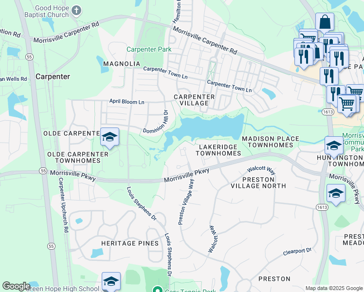 map of restaurants, bars, coffee shops, grocery stores, and more near 224 Great Lake Drive in Cary