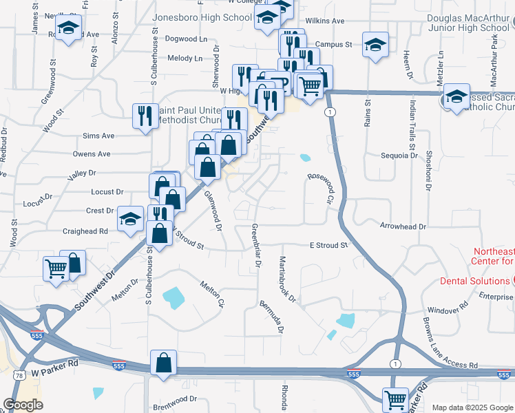 map of restaurants, bars, coffee shops, grocery stores, and more near Greenbriar Place Condos & Greenbriar Dr in Jonesboro