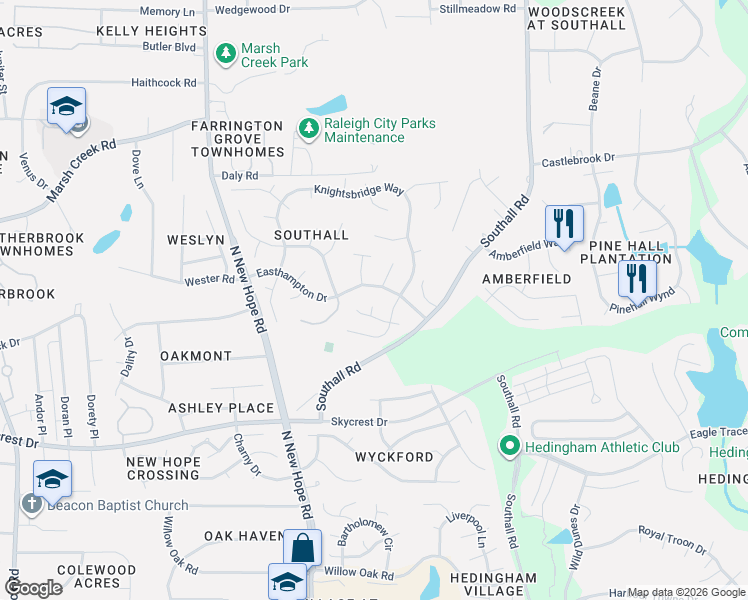 map of restaurants, bars, coffee shops, grocery stores, and more near 4609 Atterbury Court in Raleigh