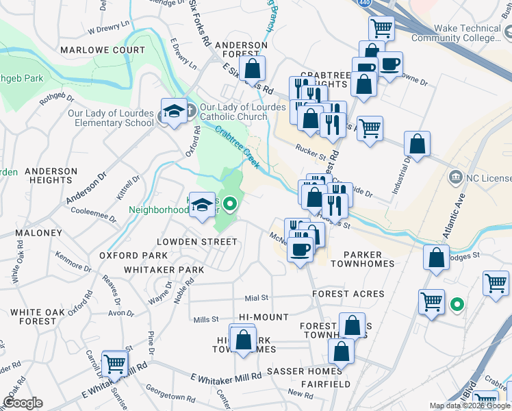 map of restaurants, bars, coffee shops, grocery stores, and more near 705 Hawes Court in Raleigh