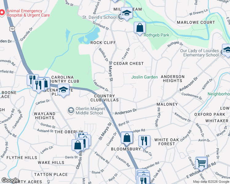 map of restaurants, bars, coffee shops, grocery stores, and more near 2608 Saint Marys Street in Raleigh