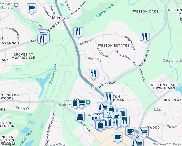 map of restaurants, bars, coffee shops, grocery stores, and more near 3101 Rise Drive in Morrisville