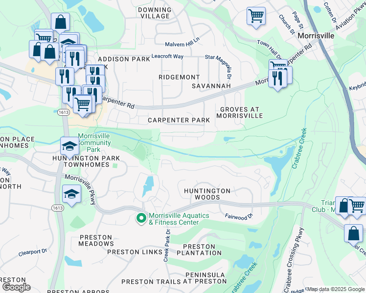 map of restaurants, bars, coffee shops, grocery stores, and more near 2300 Kudrow Lane in Morrisville