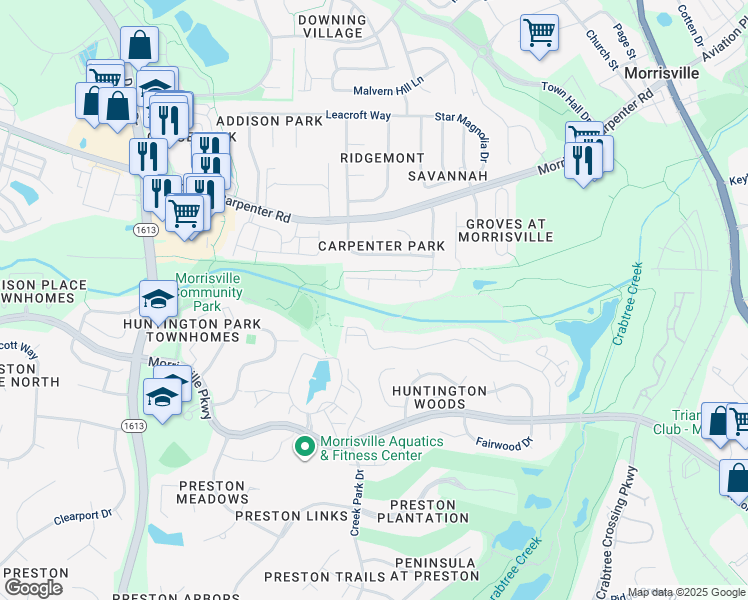 map of restaurants, bars, coffee shops, grocery stores, and more near 2922 Kudrow Lane in Morrisville