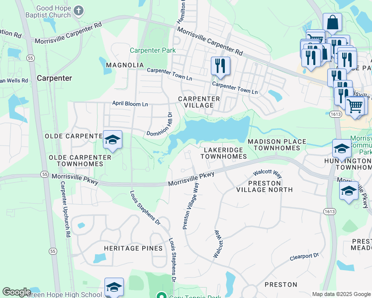 map of restaurants, bars, coffee shops, grocery stores, and more near 224 Great Lake Drive in Cary