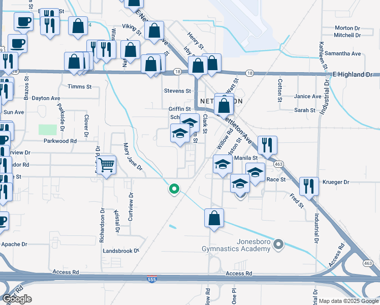 map of restaurants, bars, coffee shops, grocery stores, and more near 2309 Thorn Street in Jonesboro