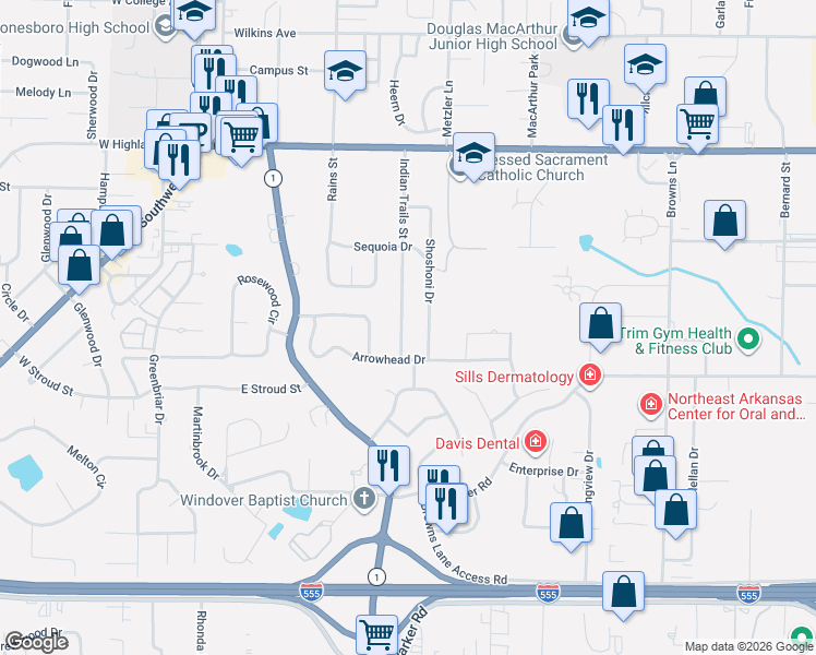 map of restaurants, bars, coffee shops, grocery stores, and more near 2312 Indian Trails Street in Jonesboro