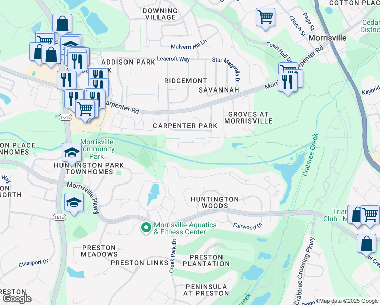 map of restaurants, bars, coffee shops, grocery stores, and more near 2512 Kudrow Lane in Morrisville